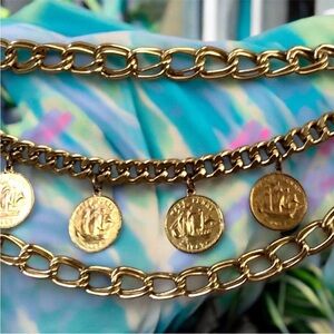 Vtg 1967 Queen Elizabeth Half Penny Coin Gold Tone Belt Golden Hind Galleon